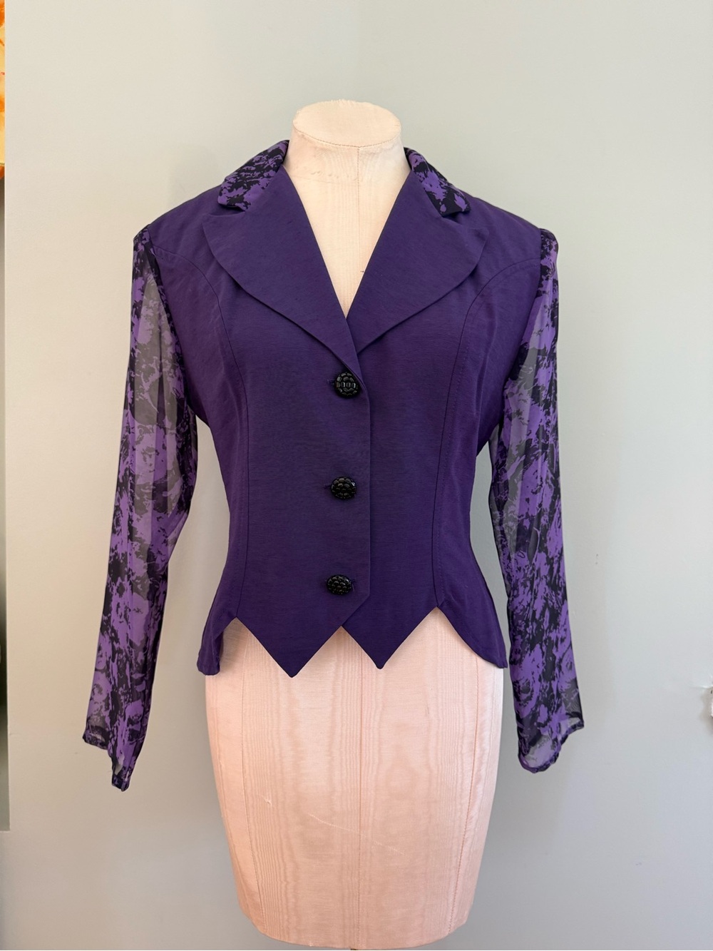 VTG Le Chateau Purple Figure Fitted Sheer Sleeves Top - Picture 2 of 13